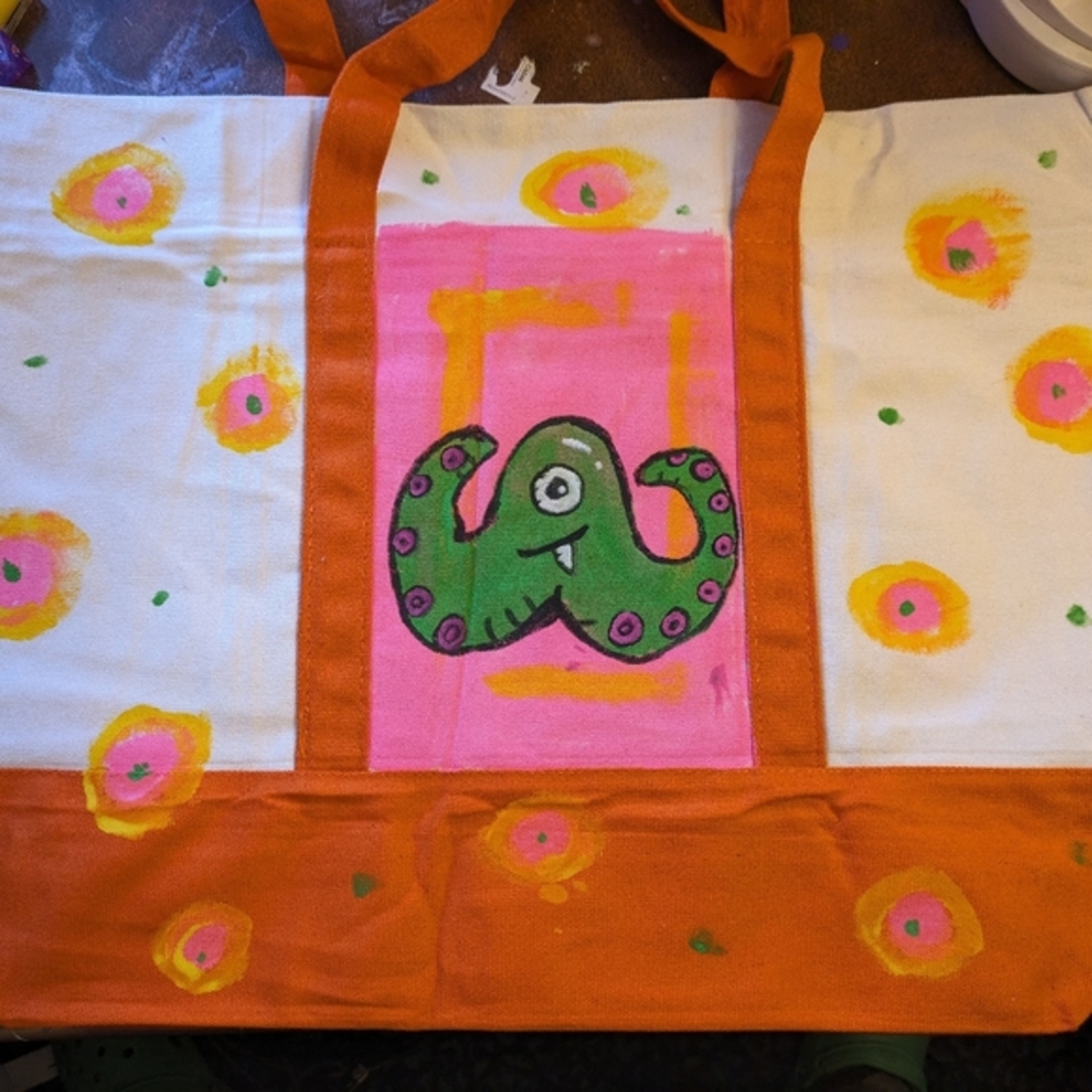 Hand painted cute and colorful monster tote bag